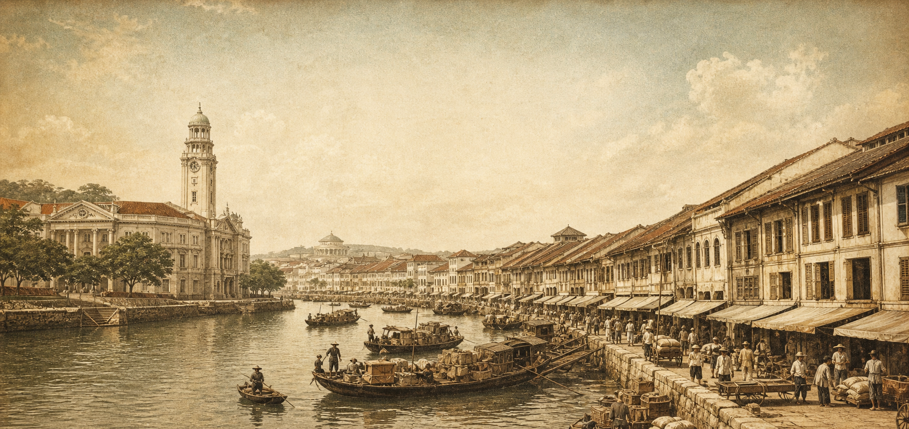 Sepia illustration of historic Singapore waterfront